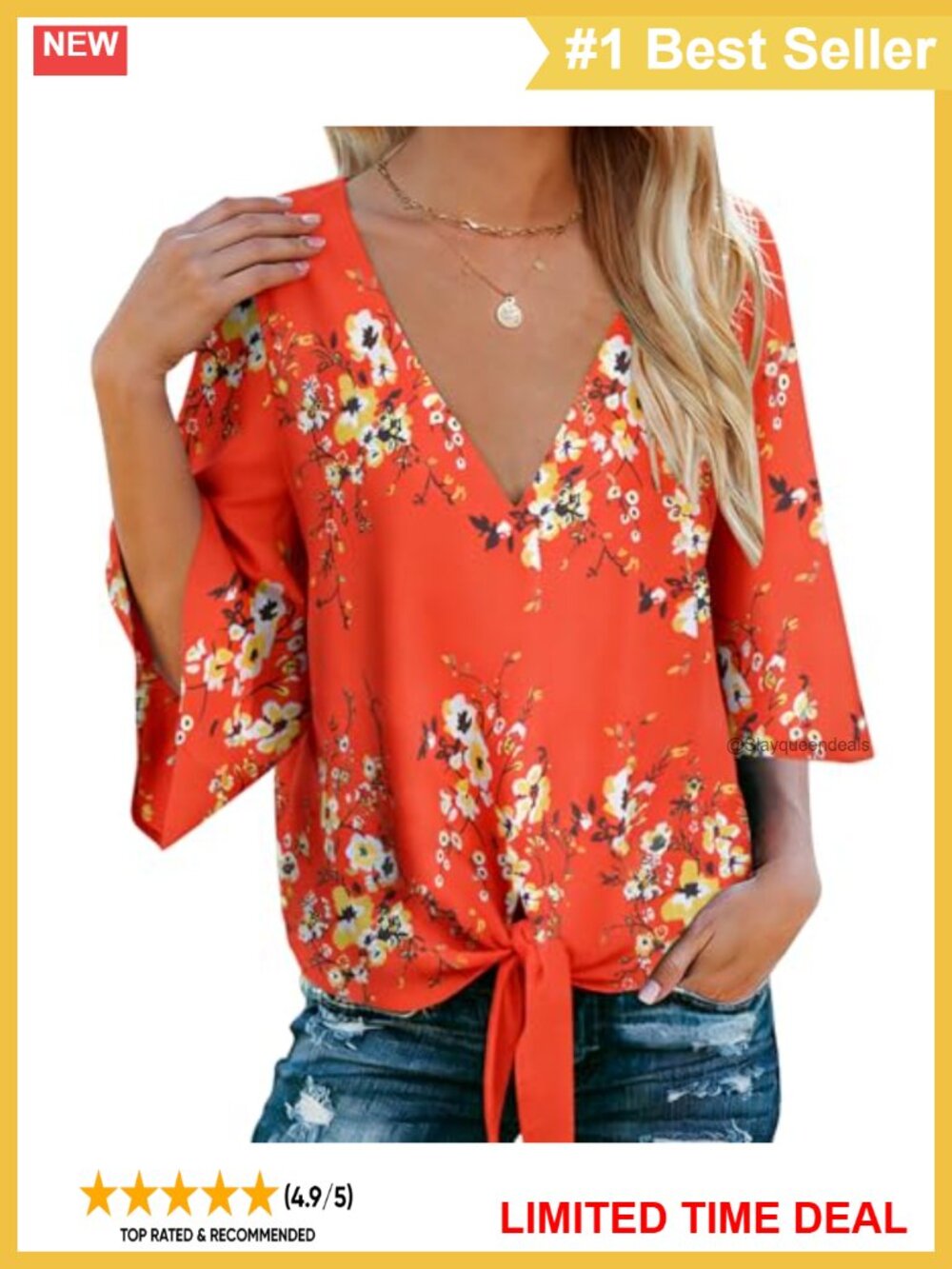 Boho Bell Sleeve V Neck Tie Front Summer Blouse